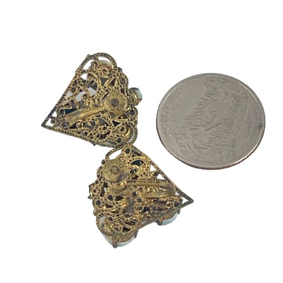 Vintage Czech Brass Turquoise Glass Cabochon Screw Back Earrings 3/4" - Picture 8 of 8